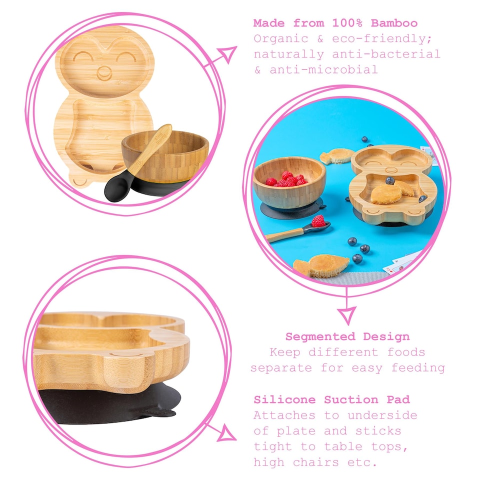 image 1 of Tiny Dining 4pc Bamboo Suction Feeding Set - Penguin/Black - Divided Non-Slip Bamboo Baby Self-Feeding Dining Weaning Set