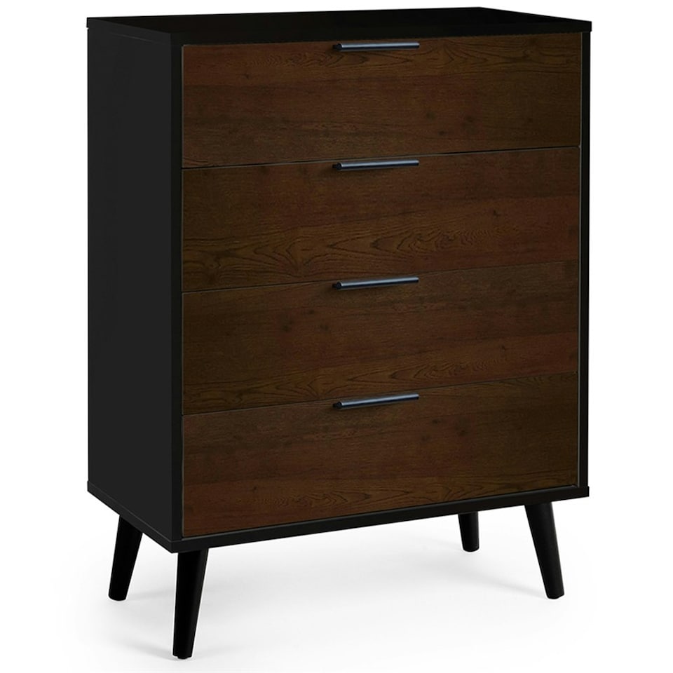 image 1 of Walnut Oak and Matt Black Wide Chest of Drawers (4 Drawers)