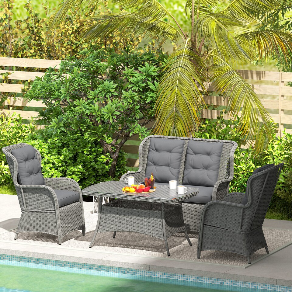 image 1 of Outsunny Garden PE Rattan Dining Sofa Set, Outdoor 4 Seater Wicker Furniture, High Back Chairs with Cushions, Tempered Glass Coffee Table for Patio, Light Grey