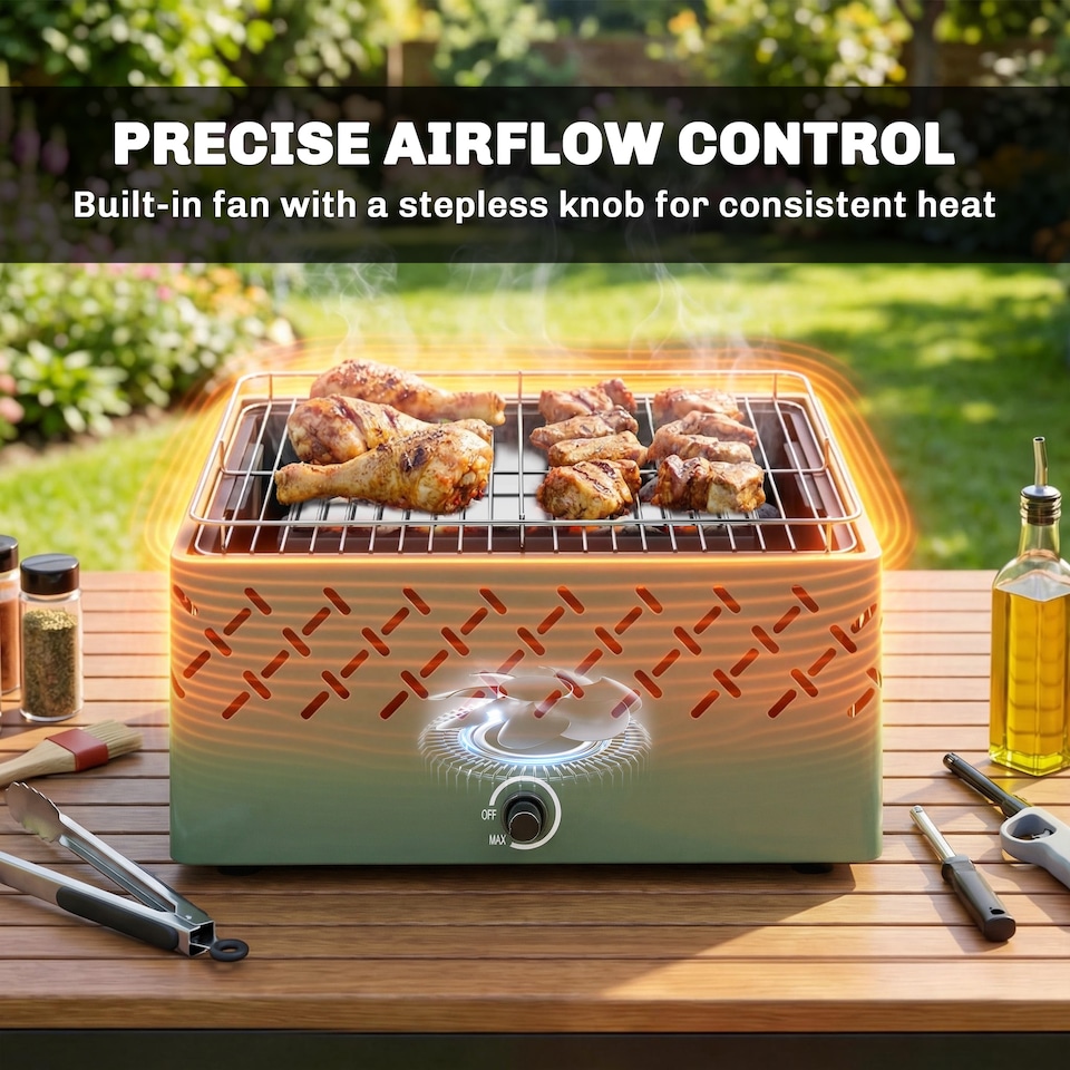 image 1 of Outsunny Portable Charcoal BBQ Grill with Built-in Fan, Light Green | Green | Light Green | 45.5 x 29 x 21 cm
