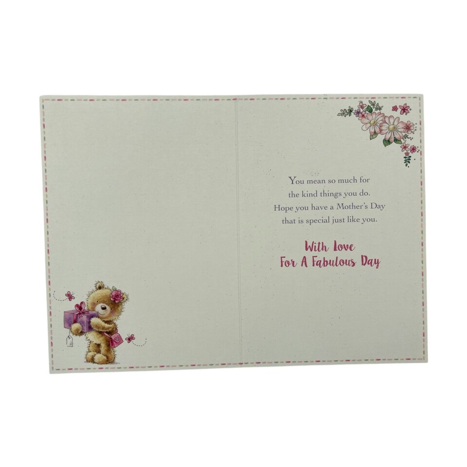 image 1 of Teddy Wearing Flower and Holding Gift Mother's Day Card