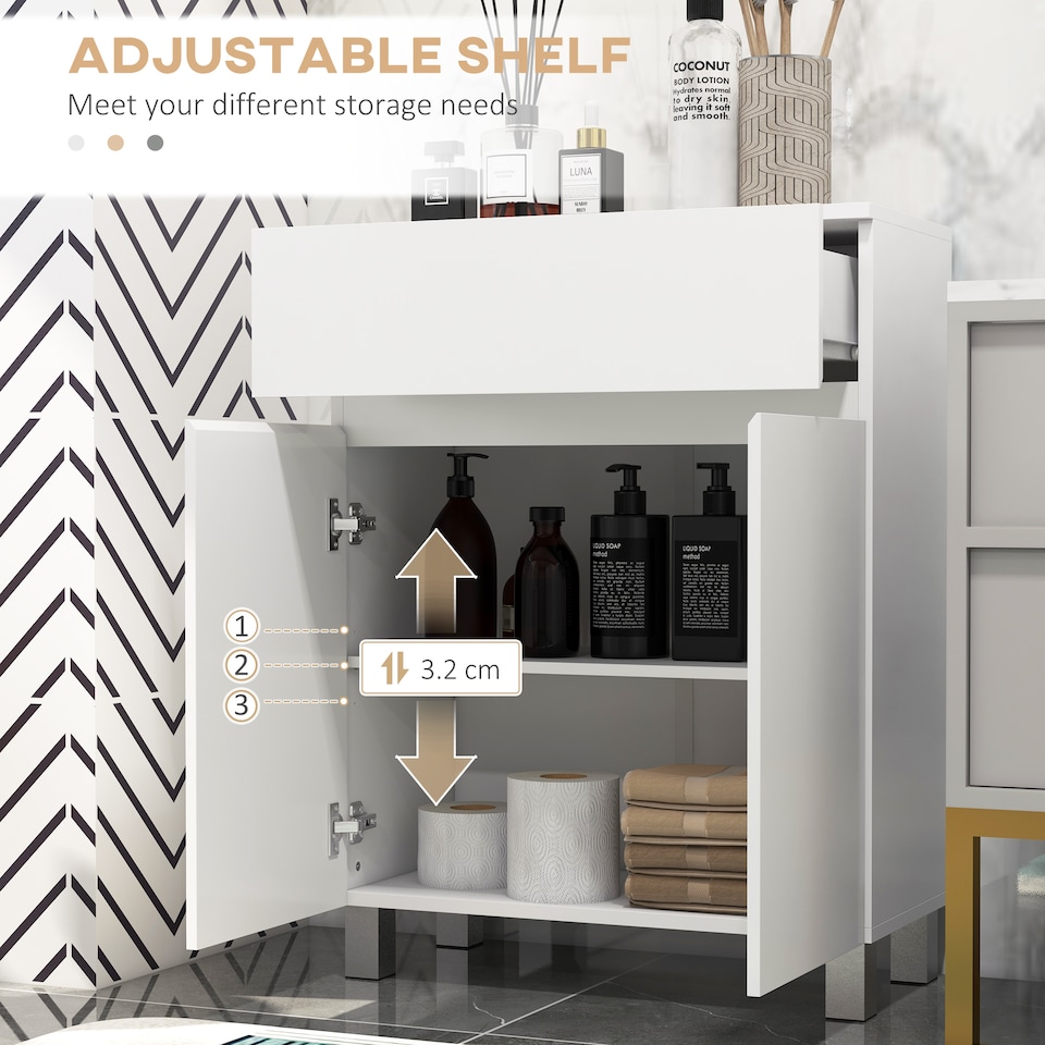 image 1 of kleankin High Gloss Bathroom Floor Cabinet Storage Cupboard with Drawer | White