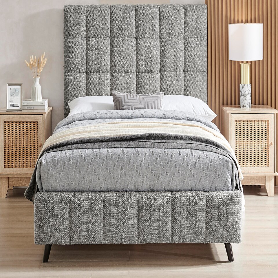 image 1 of 4ft6 Double Grey,Tall Headend Headboard Soft Fabric Boucle Upholstered Bed Frame