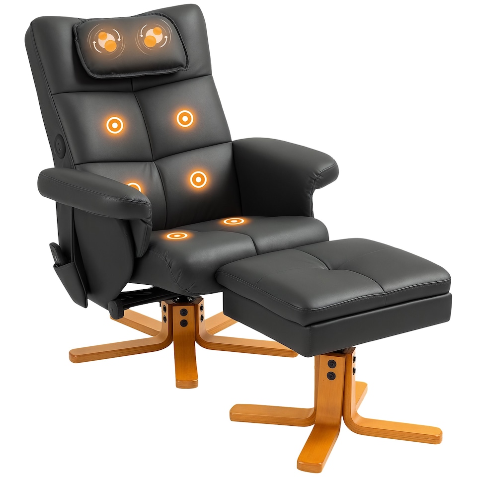 image 1 of HOMCOM Massage Recliner Chair with Footstool, Upholstered Armchair with Adjustable Backrest, Remote Control, Hidden Storage and USB Ports for Living Room, Bedroom, Black
