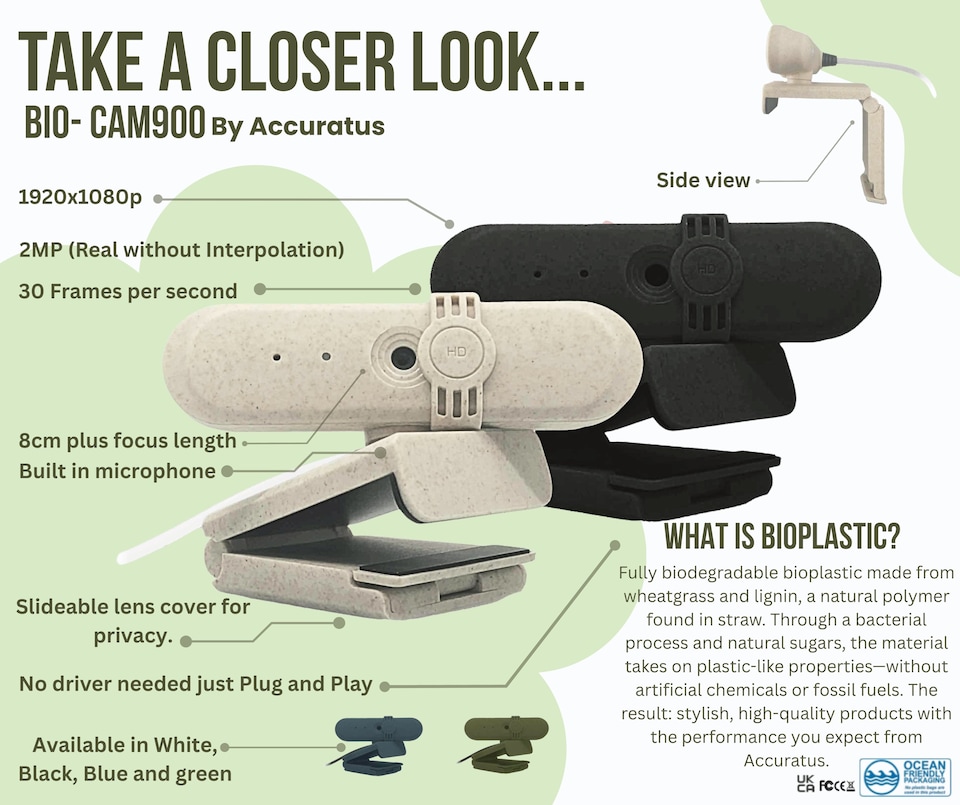 image 1 of Accuratus BIO CAM900 Webcam - Full HD USB Webcam Biodegradable Plant Based Resin Case - Woad Blue