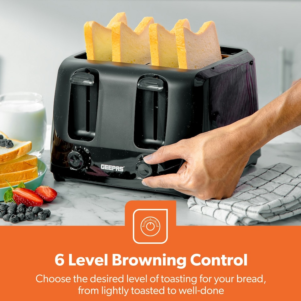 image 1 of GEEPAS 4 Slice Bread Toaster & 1.7L Illuminating Electric Glass Kettle Set, Black