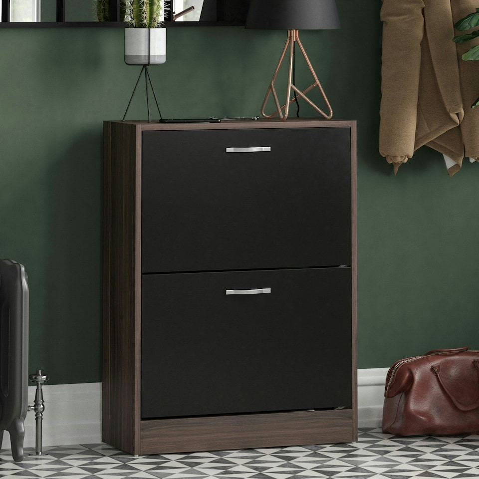 image 1 of Vida Designs 2 Drawer Shoe Cabinet Shoe Rack Storage Cupboard, Walnut & Black