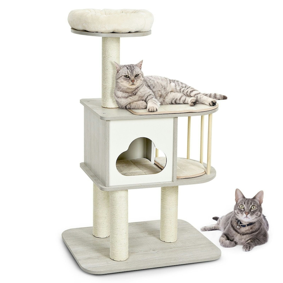 image 1 of COSTWAY Wooden Cat Tower 4-Tier Cat Tree Play Center