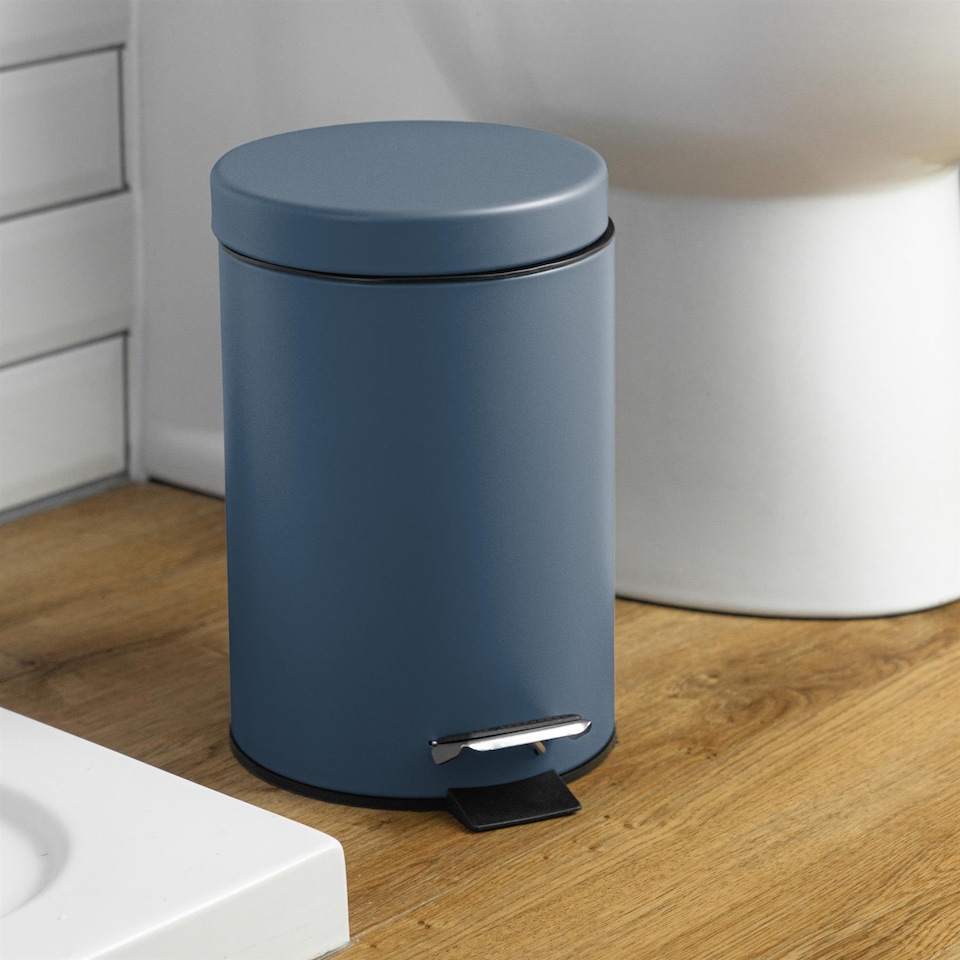 image 1 of Harbour Housewares 2x Bathroom Pedal Bins - 3L - Matt Blue - Round Stainless Steel Slim Rubbish Dustbin Lid and Inner Liner Bucket