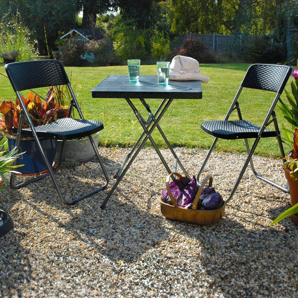 image 1 of Garden Gear Rattan Effect Folding Bistro Set Plastic Wood Effect Table