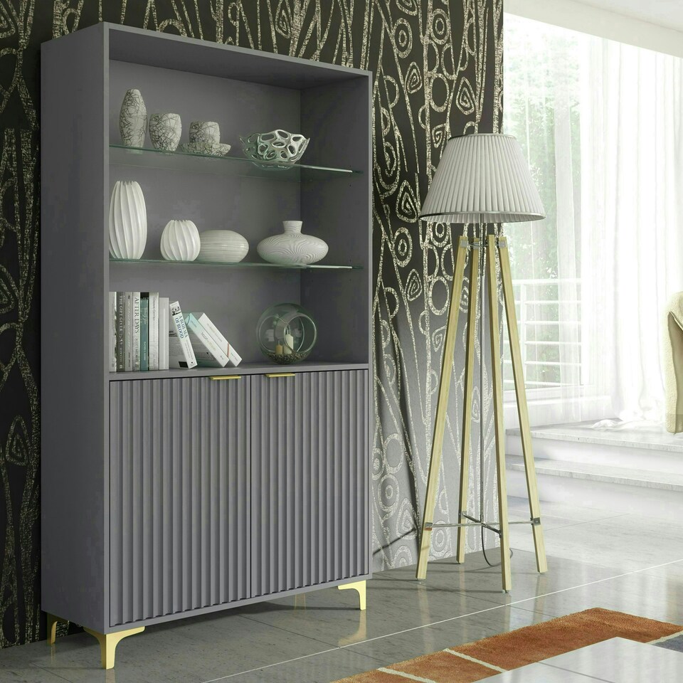 image 1 of Grey Display Cabinet 100cm Ribbed Doors Gold Legs Modern Storage Unit Grey