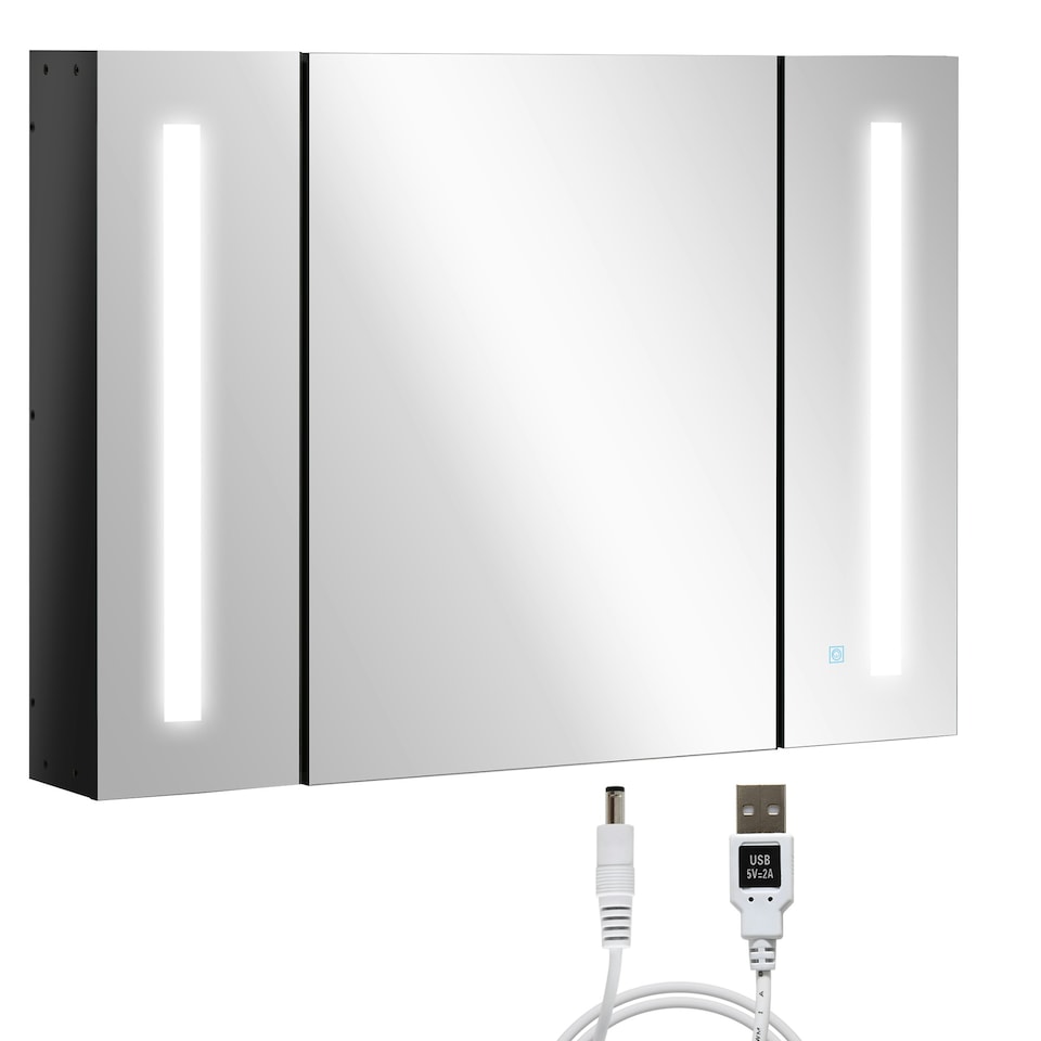 image 1 of kleankin LED Bathroom Mirror Cabinet with Shelves Wall Mount High Gloss Black