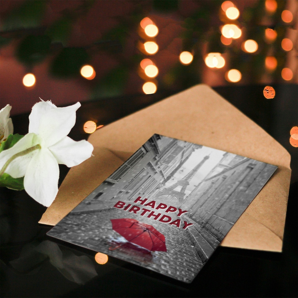 image 1 of Happy Birthday Paris Eiffel Tower and Red Umbrella Birthday Card