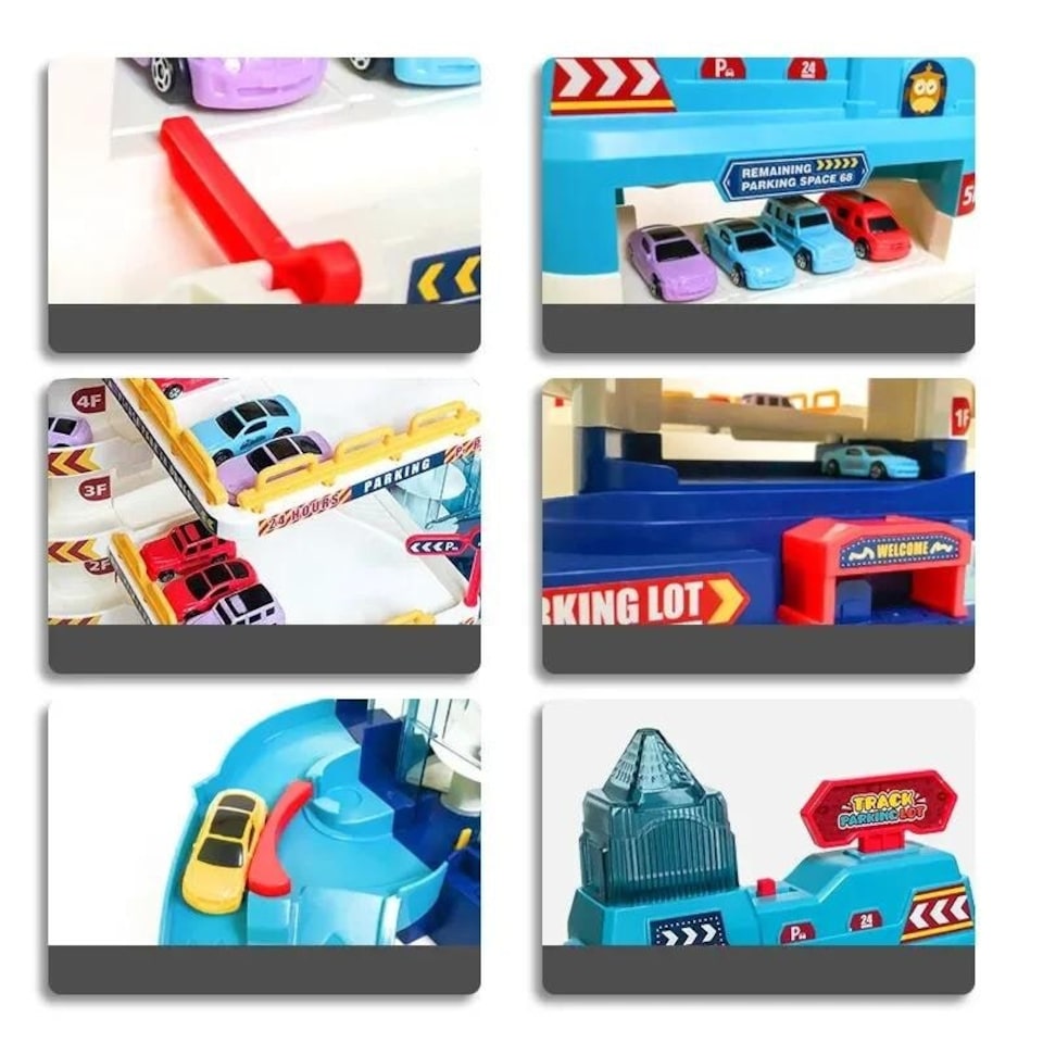image 1 of 2-in-1 Garage Track Set with Elevator, 12 Mini Cars, Music & Lights – Kids Car Playset for Ages 3+