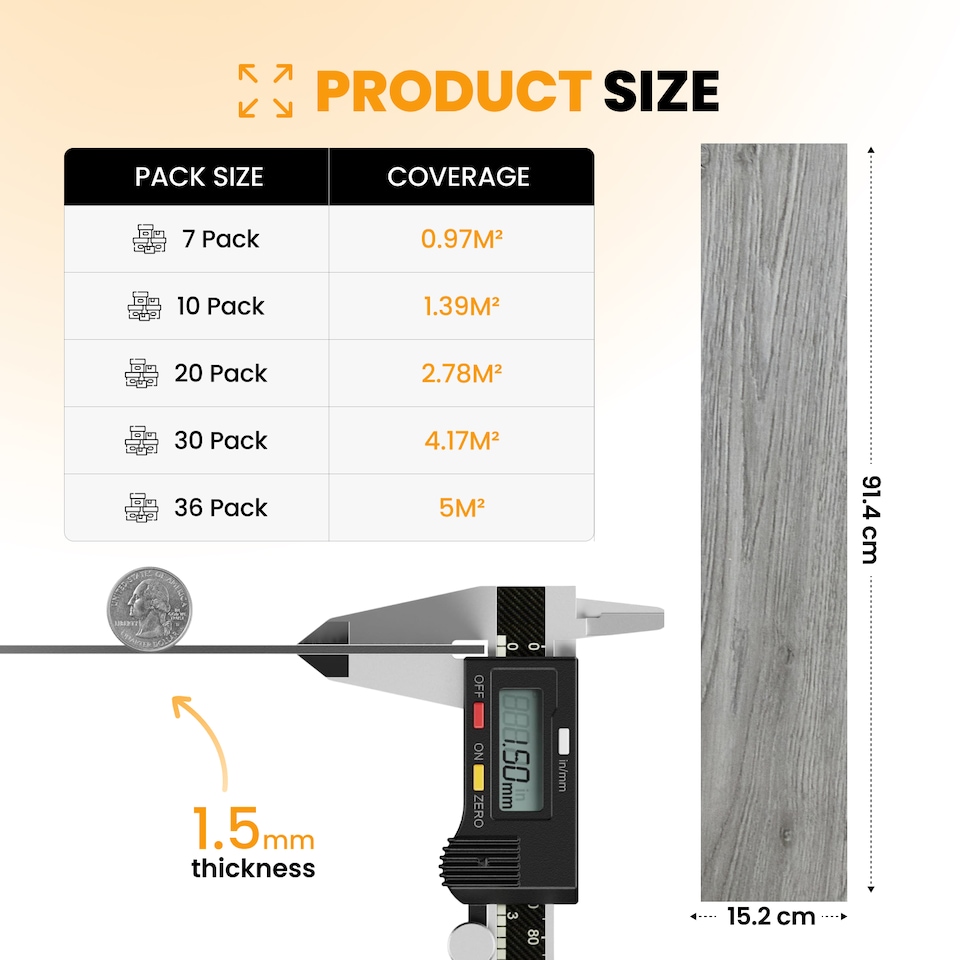 image 1 of Self Adhesive Floor Planks | 5.9x35.9in (91.4x15.2cm) Each | Peel & Stick Vinyl Flooring | Grey Wood Effect | Easy DIY | Stick On Tiles for Home Floors | Grey | 1.39 sqm