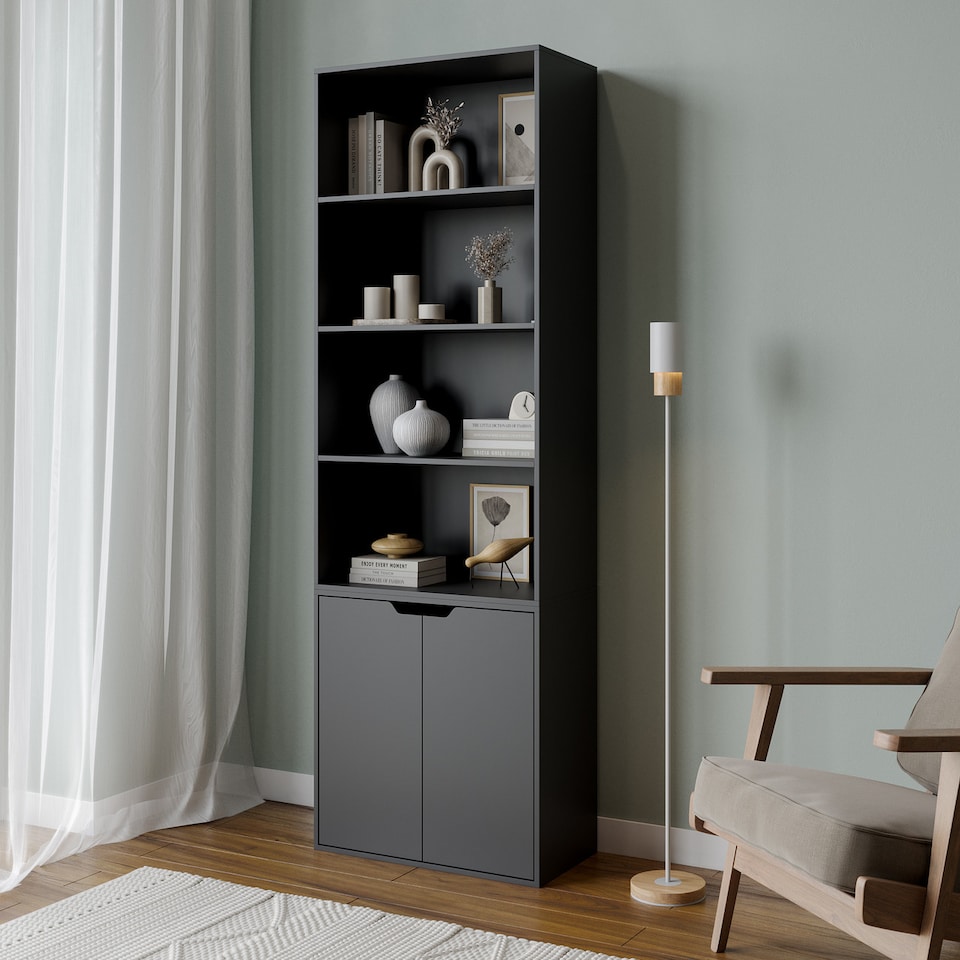 image 1 of 6-Tier Bookcase with 2-Doors | Black | 1