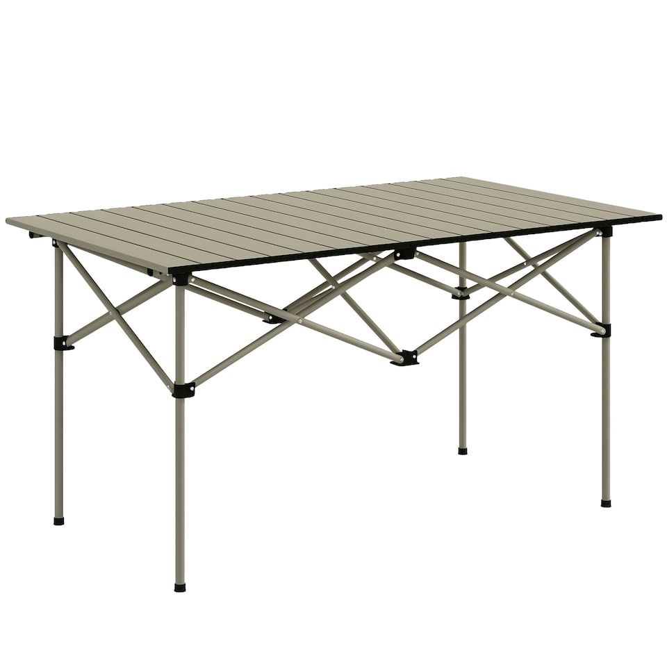 image 1 of Outsunny Portable Folding Camping Table w/ Roll Up Aluminium Top Carry Bag Khaki