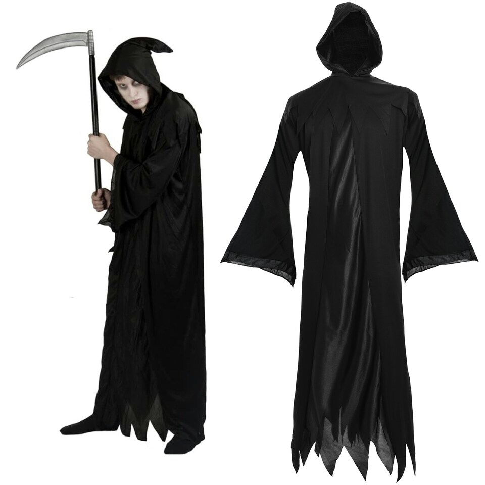 image 1 of Grim Reaper Costume - Long Cape with Hood Black | S