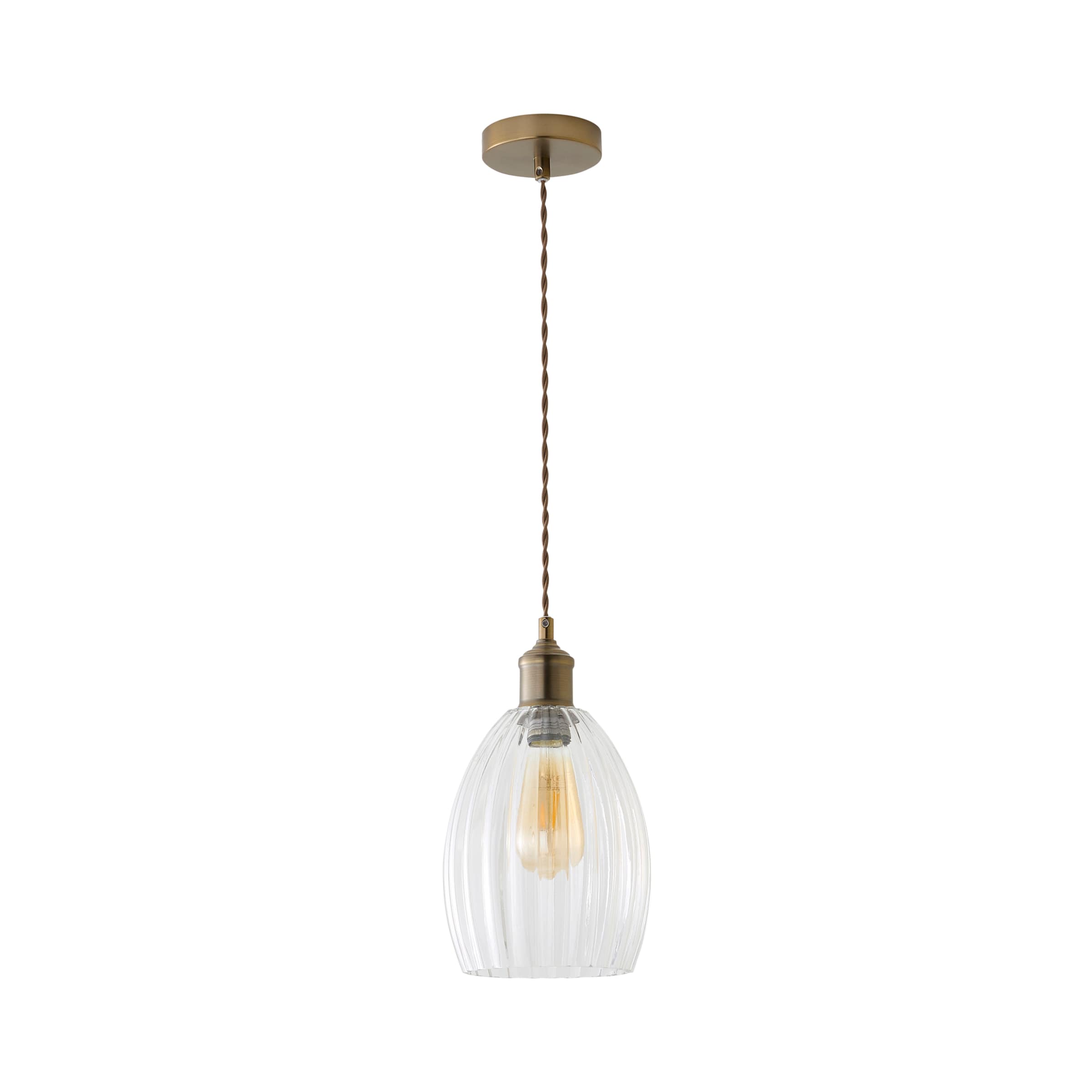 ValueLights Cheltenham Clear Ribbed Glass Dome Pendant Ceiling Light with Bulb in Bronze