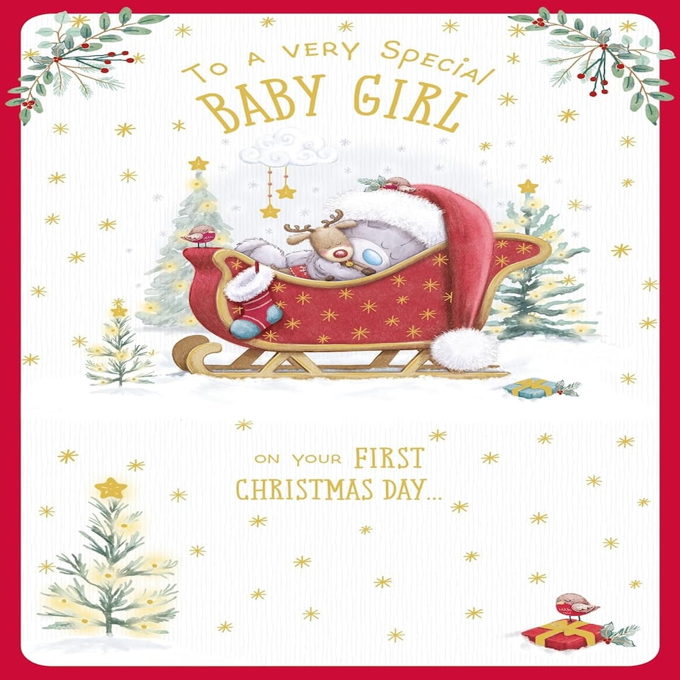 image 1 of Bear In Sleigh Baby Girl First Christmas Card
