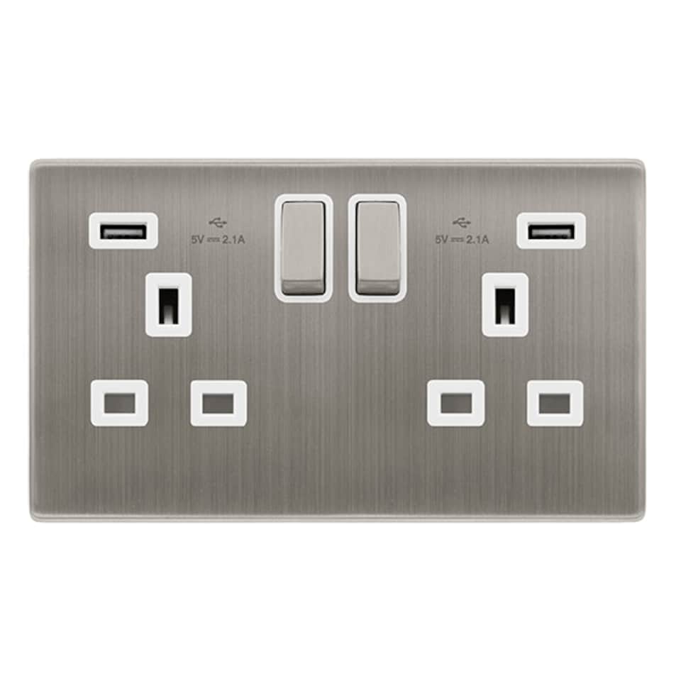 SE HOME Stainless Steel Screwless Plate 2 Gang 13A DP Ingot 2 USB Twin Double Switched Plug Socket - White Trim - SE Home White | Stainless Steel