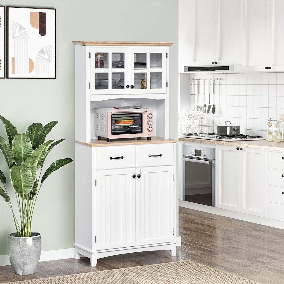 image 1 of HOMCOM Freestanding Kitchen Cupboard, Kitchen Storage Cabinet with Framed Glass Doors, 2 Drawers, Microwave Counter, 172cm, White