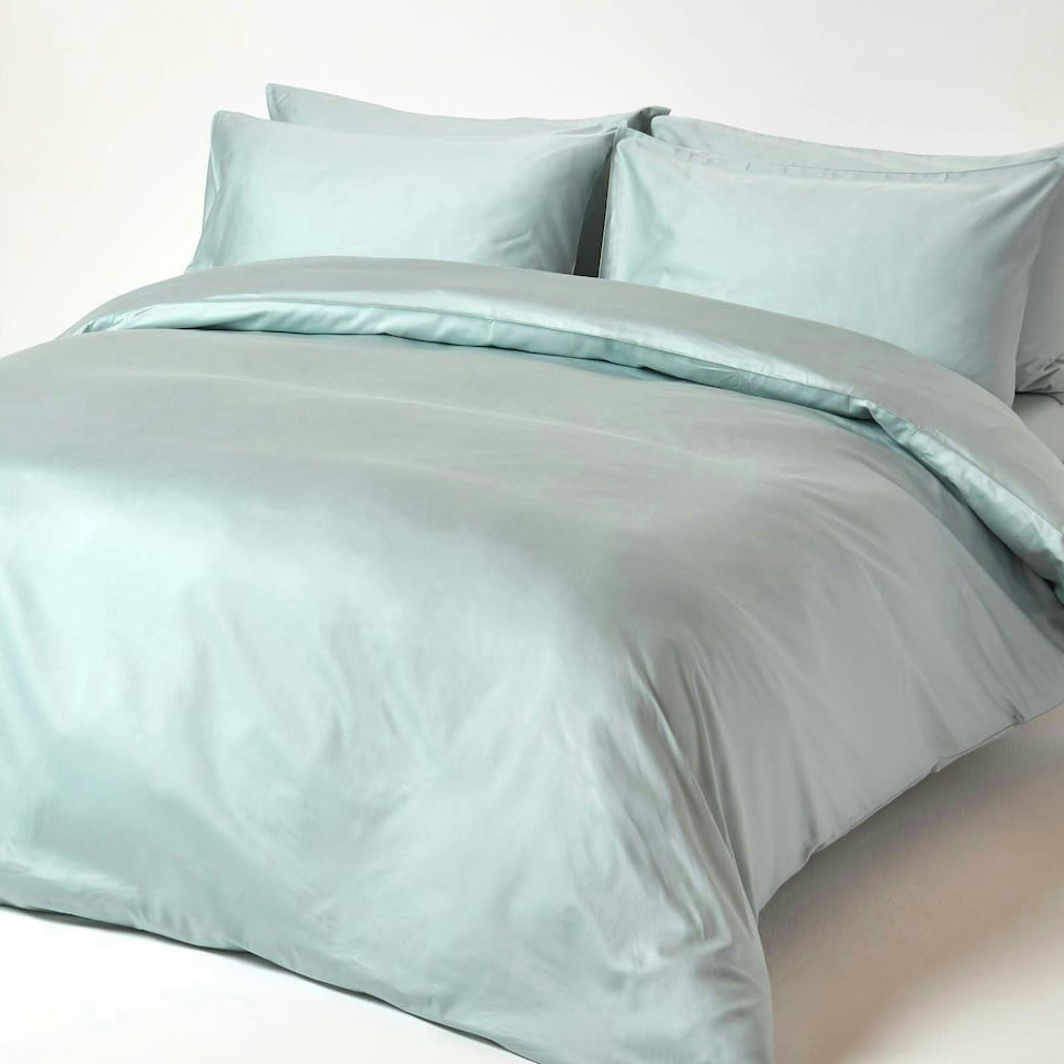 image 1 of Homescapes Duck Egg Blue Organic Cotton Fitted Sheet 400 Thread count, Single Blue | Single
