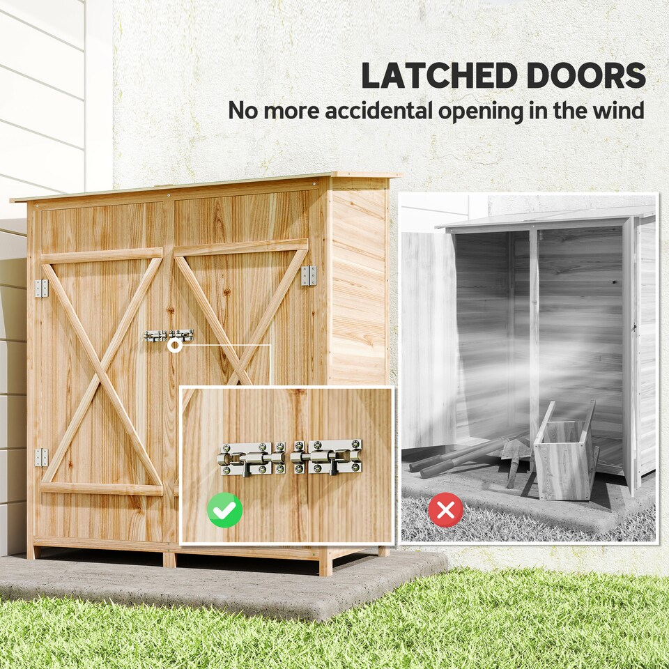 image 1 of Outsunny Small Shed, Wooden Garden Shed with Flexible Table, Hooks and Ground Nails, Lockable Tool Garden Organiser with Asphalt Roof, 140 x 75 x 157cm, Natural