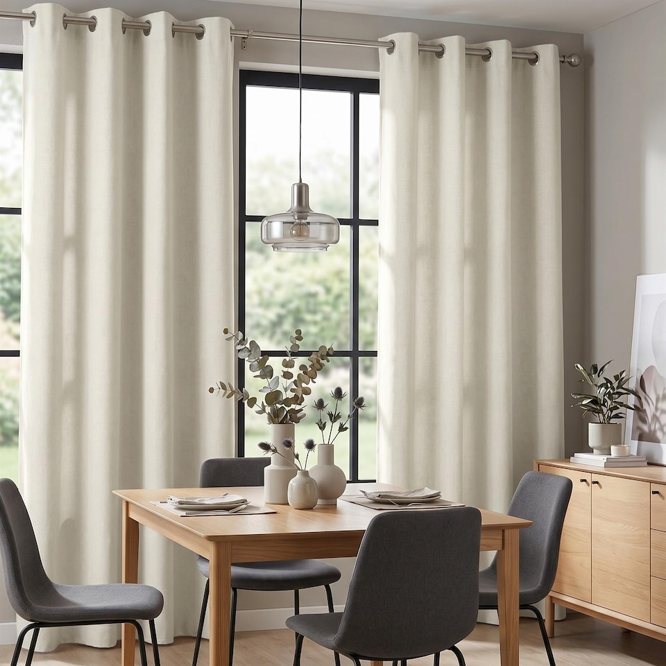 image 1 of Velvet Chenille Eyelet Curtains Ready Made Pair - 142cm x 229cm - Cream