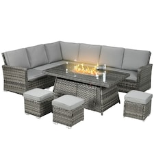 Outsunny 7 Pieces Rattan Garden Furniture Set w/ 50,000 BTU Fire Pit Table | Grey | Grey