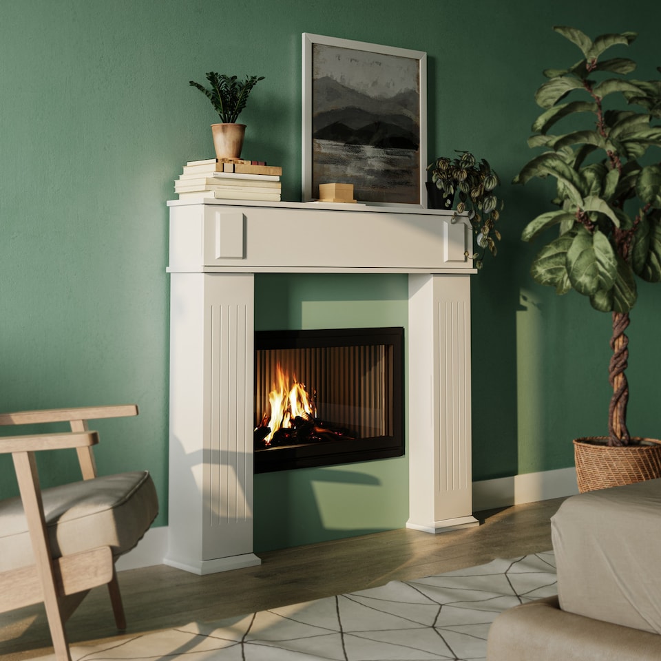 image 1 of Fireplace Storage Cabinet 3-Door Mantelpiece Shelf with 6 Compartments | White | 25 x 117 x 19 | 1