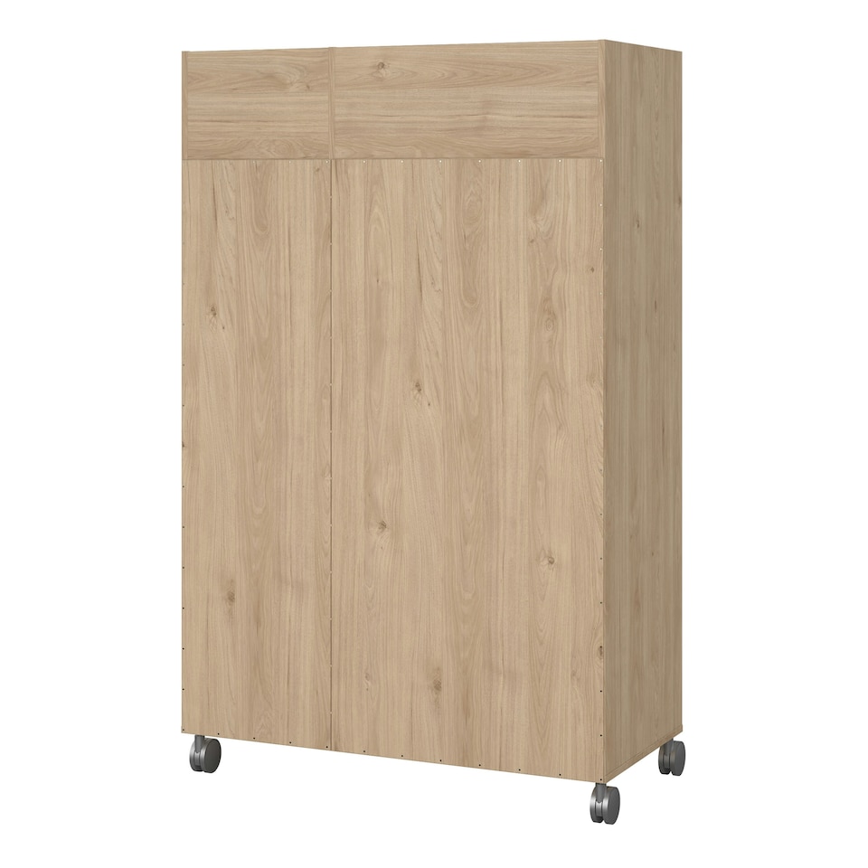 image 1 of Uppsala Open Mobile Wardrobe Unit in Jackson Hickory Oak with a Beige Textile Curtain on Wheels