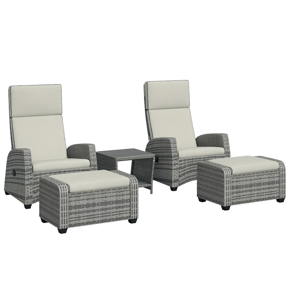 image 1 of Outsunny 5 PCs Rattan Garden Furniture Set with Reclining Chairs, Grey