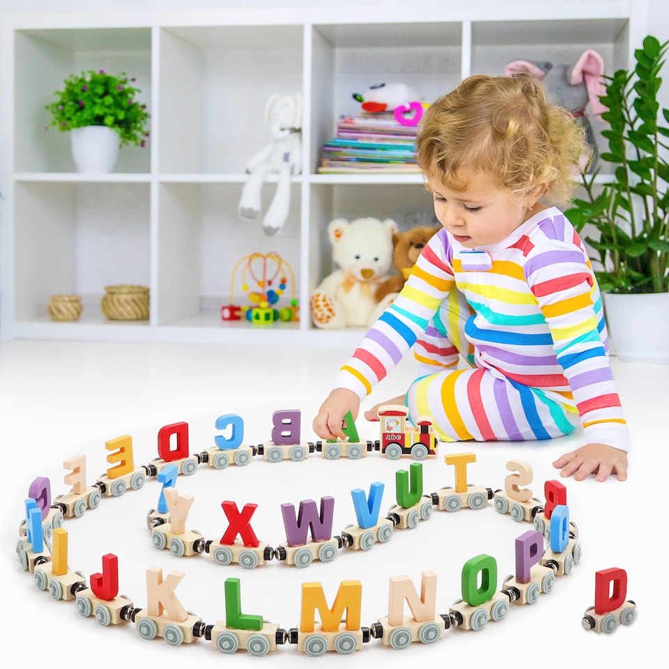 image 1 of A to Z Wooden Alphabet Train Set for Toddlers