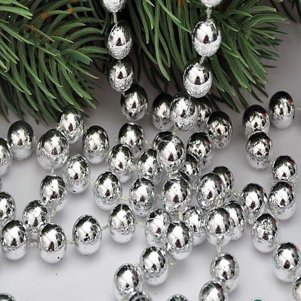 image 1 of Silver Shiny Christmas Bead Chain Metallic Beaded Garland Artificial Pearls Tinsel For Christmas Tree Hanging Decorations