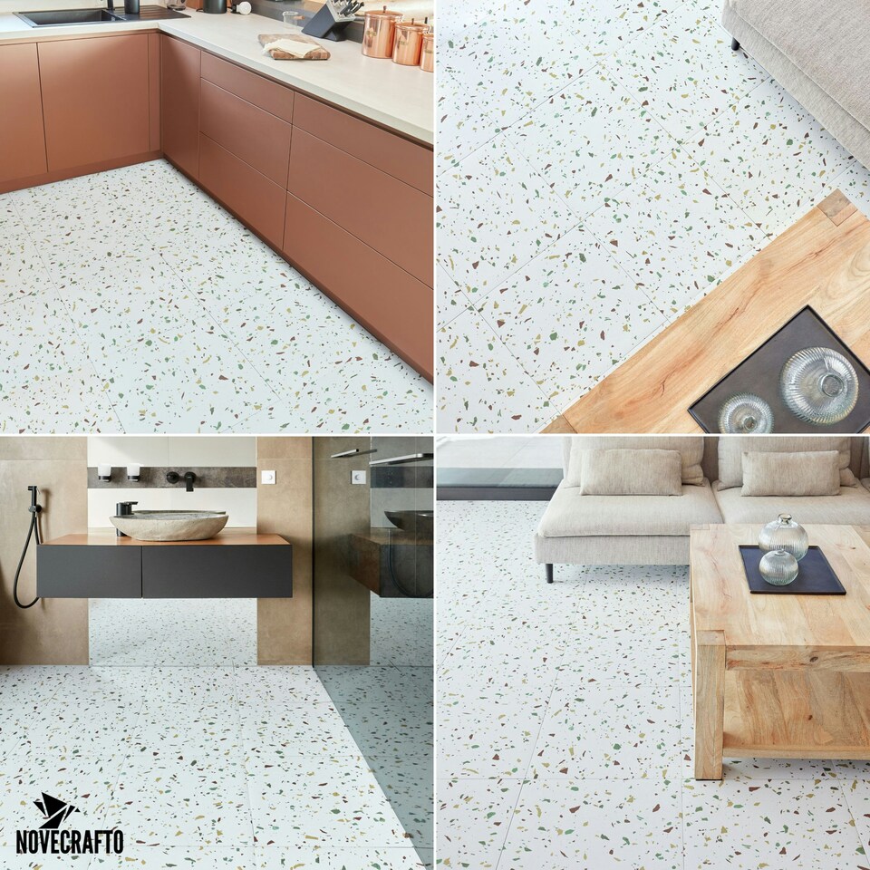 image 1 of NOVECRAFTO Vinyl Floor Tiles Self Adhesive – 18x18in Peel and Stick Large Square Flooring for Kitchen, Bathroom & Living Room – White Grey Terrazzo Effect White | 6.27 sqm
