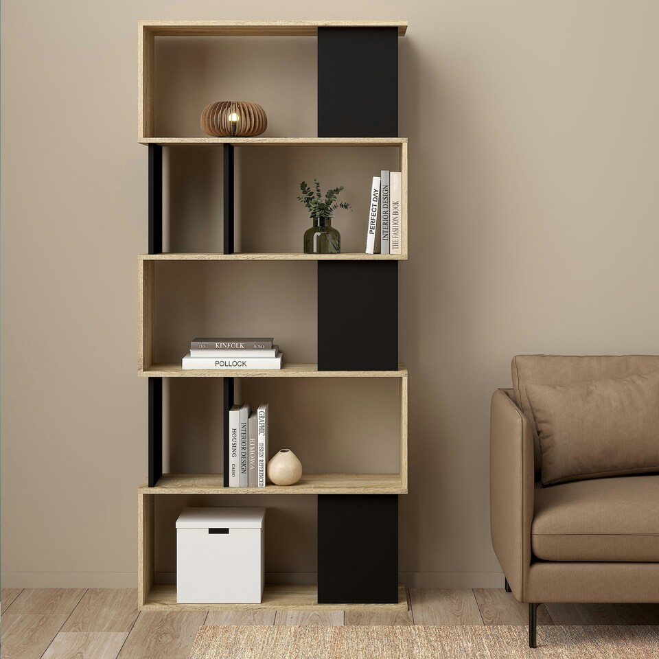 image 1 of Maze Open Bookcase 4 Shelves in Oak and Black