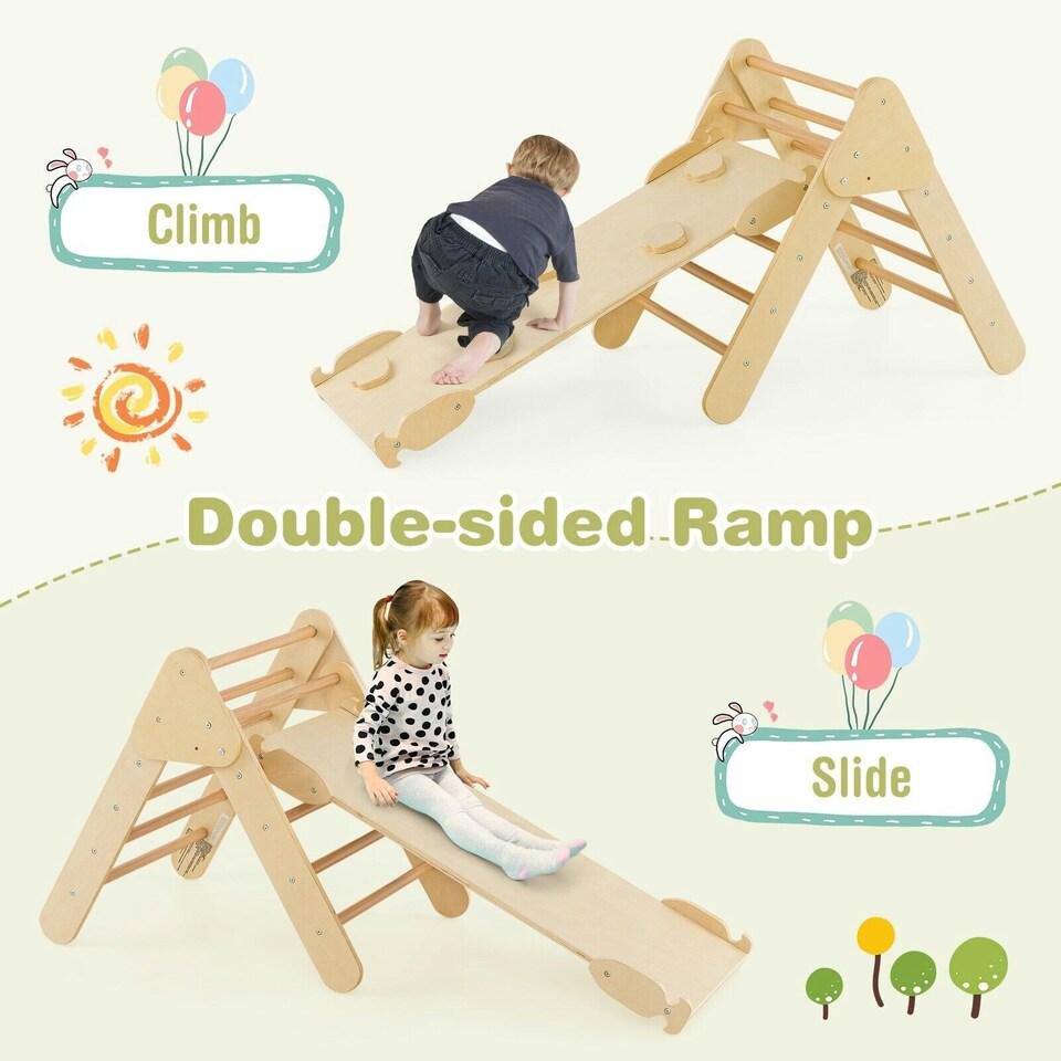 image 1 of COSTWAY 3-in-1 Triangle Wooden Toddler Climber Ramp Arch