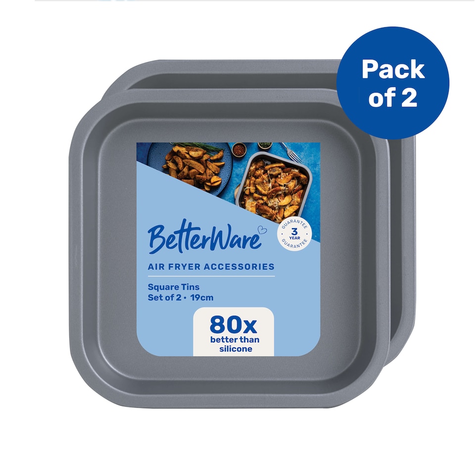 image 1 of BetterWare Air Fryer Accessories Set of 2 x 19cm Square Tins Silver/Pewter