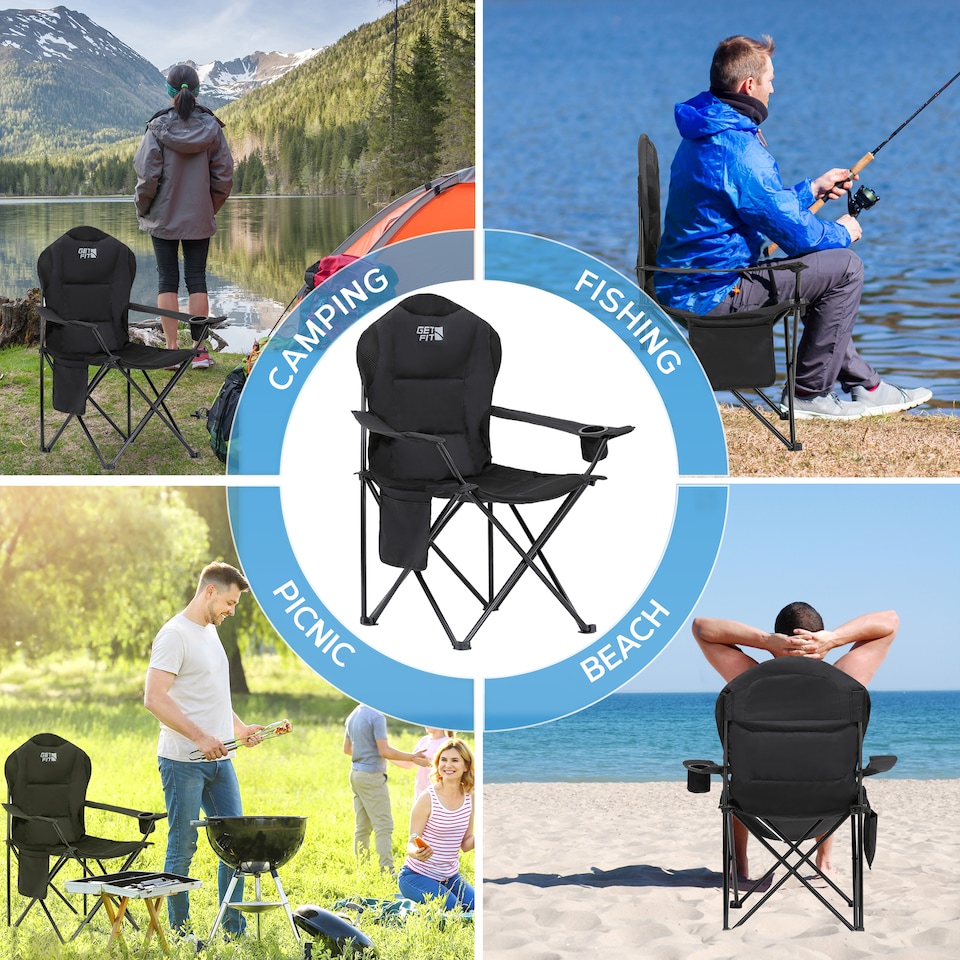 image 1 of Get Fit Premium Folding Camping Chair - Thick Padded With Magazine Pocket, Cup Holder & Carry Bag - Lightweight 3Kg - Capacity 130Kg - Single | Black | 1