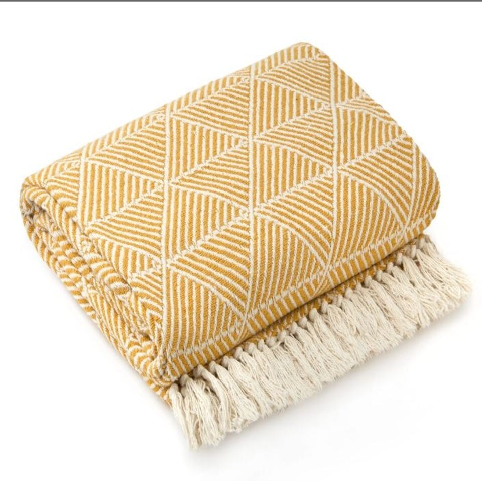 image 1 of Geo Diamond Collection Recycled Cotton Throw in Ochre (90" x 100") | Yellow | Yellow