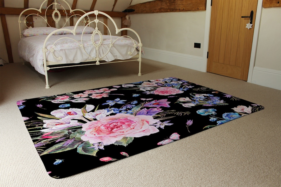 image 1 of Bright Pink Flowers On Black Rug | Multi