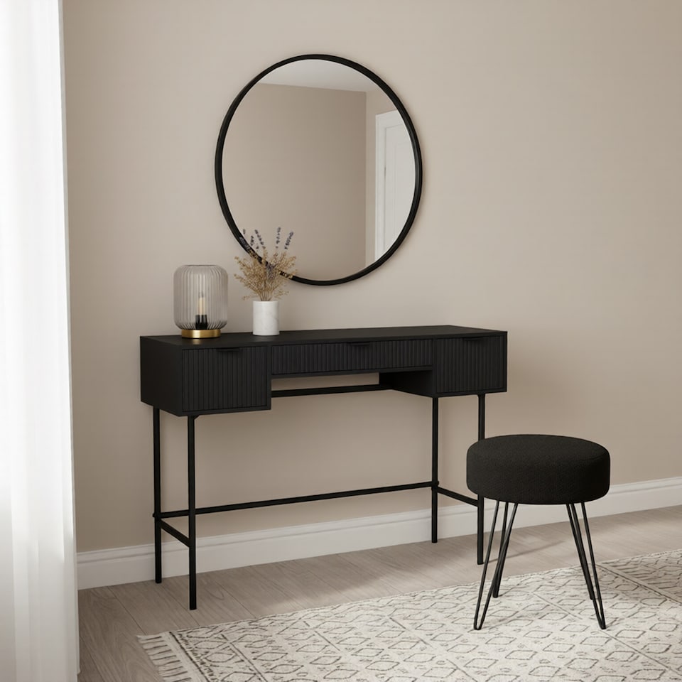 image 1 of OHS Ribbed Dressing Table Vanity Makeup Desk with 3 Drawers | Black