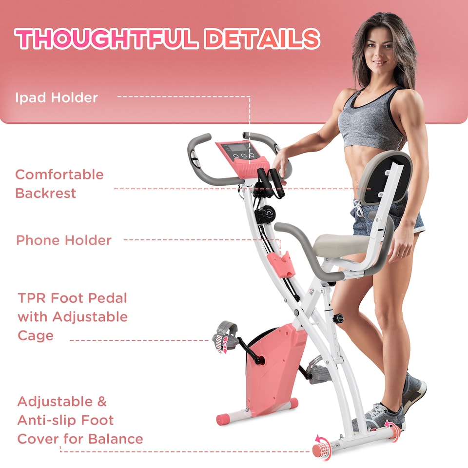 image 1 of HOMCOM 3-in-1 Folding Exercise Bike, Foldable Stationary Bike with 8-Level Adjustable Magnetic Resistance, Arm Resistance Band, Pulse Sensor and LCD Monitor, Pink