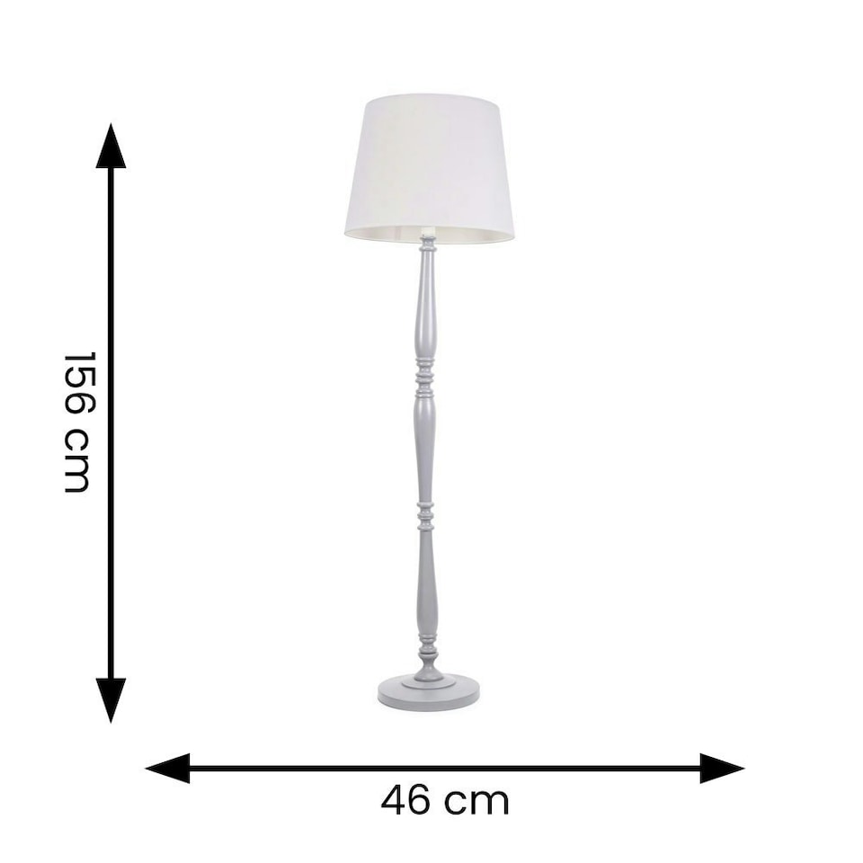 image 1 of ValueLights Victoria Grey Wood Traditional Stem Floor Lamp with White Fabric Tapered Shade and LED Bulb