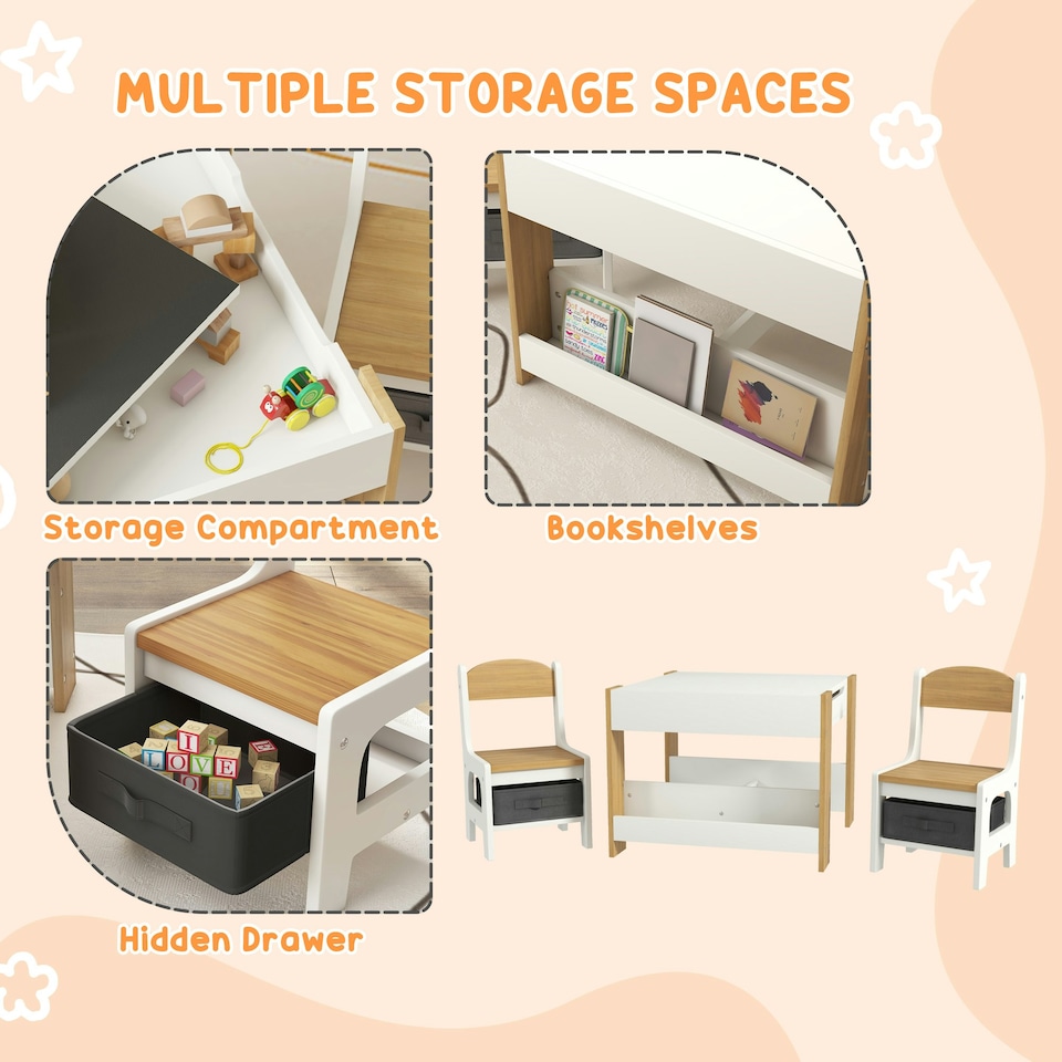 image 1 of HOMCOM 3-Piece Kids Table and Chair Set for Nursery, Playroom, Classroom Brown