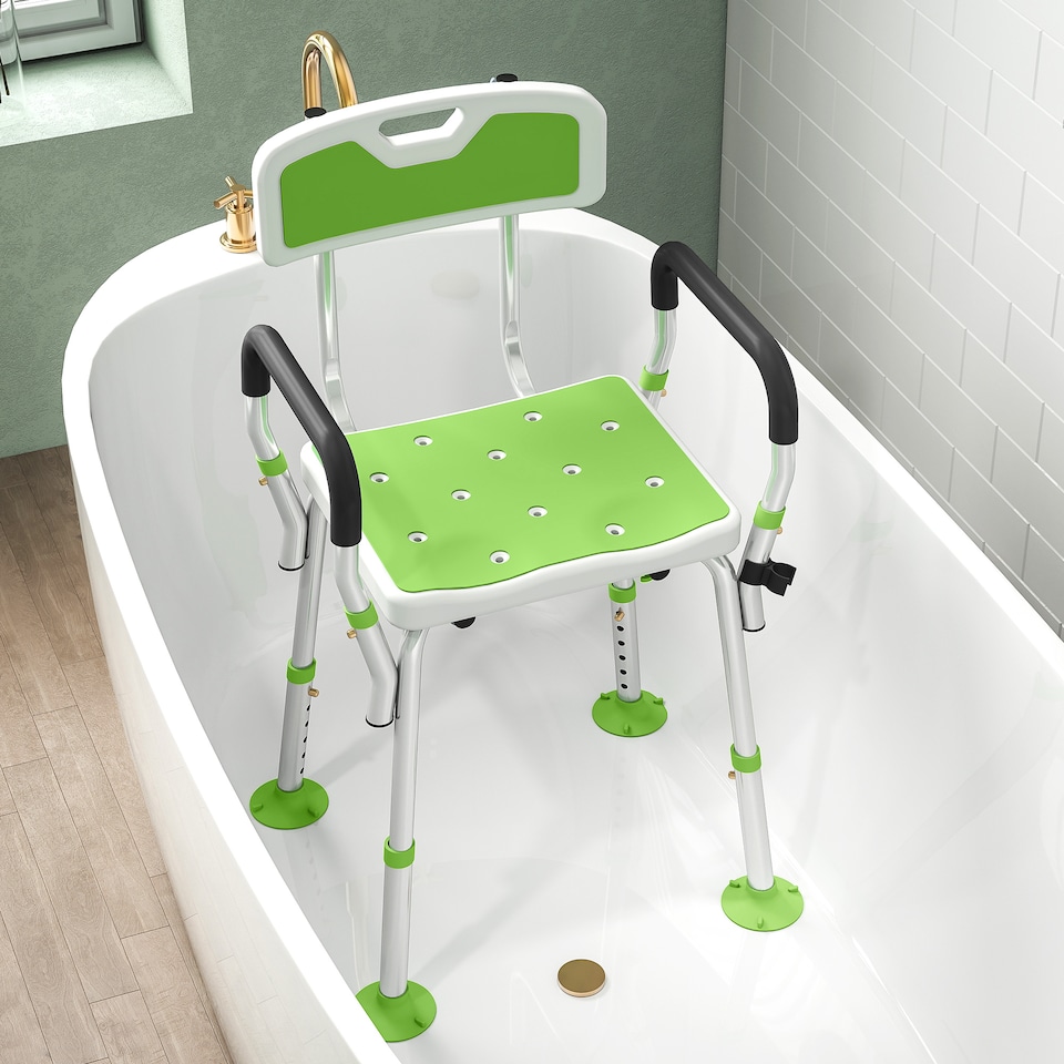 image 1 of HOMCOM EVA Padded Shower Chair for the Elderly and Disabled, Height Adjustable Shower Stool with Back and Arms, 4 Suction Foot Pads, Green | Green
