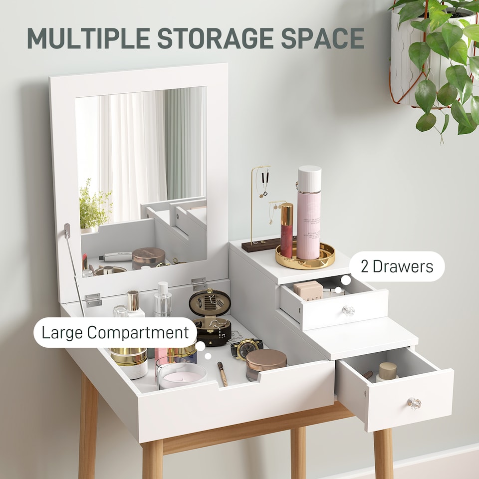 image 1 of HOMCOM Dressing Table with Flip-up Mirror, Makeup Desk with 2 Drawers and Pine Wood Legs, Vanity Table Writing Desk for Bedroom Living Room, White