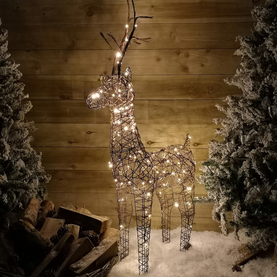 image 1 of 1m (53") Brown Outdoor Standing Wicker Reindeer Decoration With LED Lights