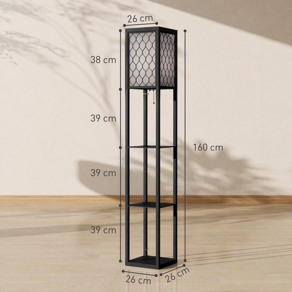 image 1 of HOMCOM Modern Floor Lamp Light with 3 Shelves Fabric Lampshade Black